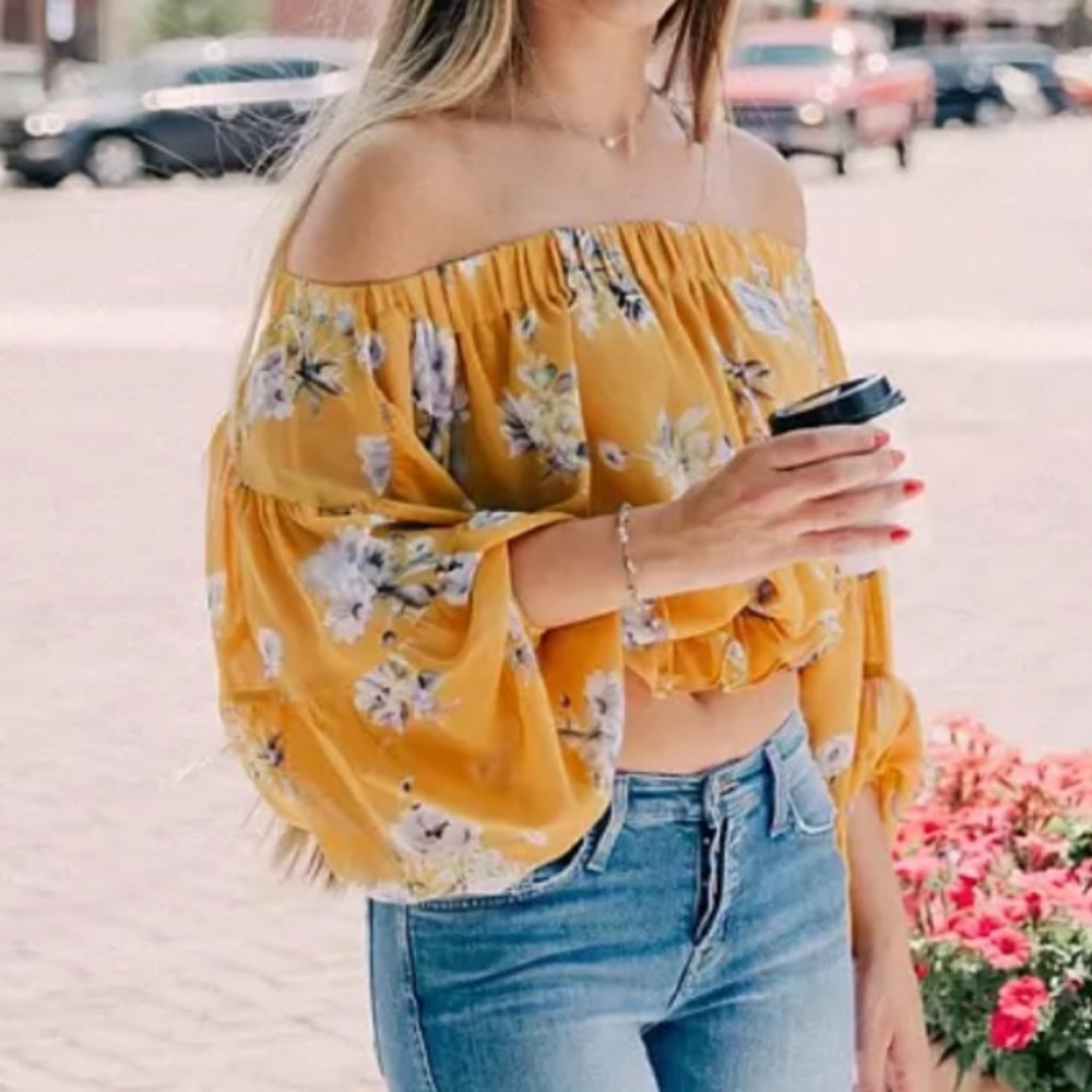 WILLOW & ROOT Women’s Floral Off Shoulder Crop Top With Elastic Ruffle Waist - Picture 1 of 8